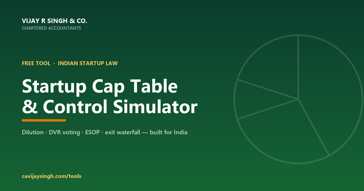 Startup cap table calculator for India — model dilution, DVR voting, ESOP and exit waterfall, by Vijay R Singh & Co, Chartered Accountants