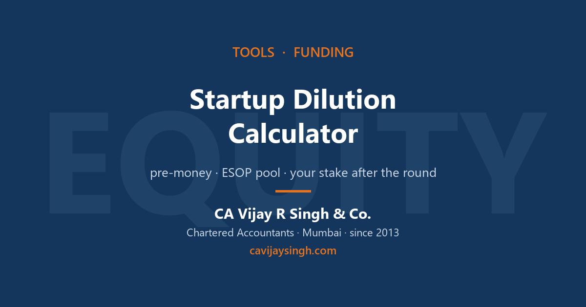 Startup dilution calculator - founder equity after a funding round with ESOP pool, by Vijay R Singh & Co Chartered Accountants Mumbai